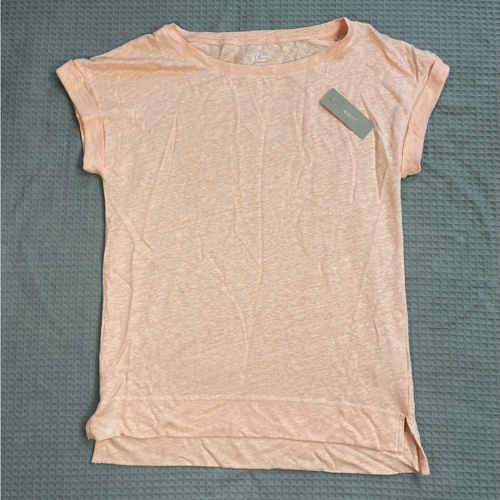 New J.Crew 100% Linen Tee Shirt XXS Womens Rolled Cuff Peach